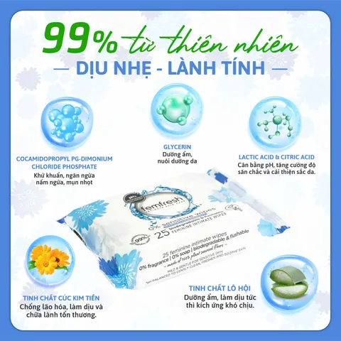Khăn ướt Femfresh 0% Sensitive - Vệ sinh vùng kín cao cấp dành cho da nhạy cảm, 25 tờ, nhập khẩu chính ngạch từ Anh