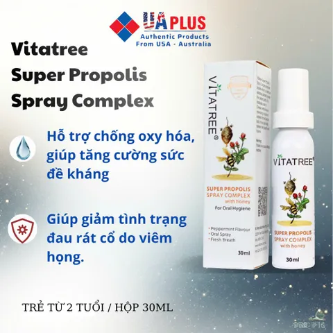 Xịt keo ong Vitatree Super Propolis Complex với mật ong - Giảm đau rát cổ họng, bổ sung sức đề kháng, hàng nhập khẩu chính ngạch 30ml