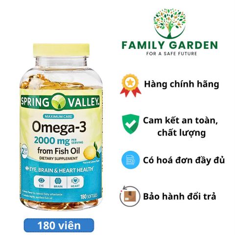 Viên uống Omega 3 Spring Valley 2000mg - Hỗ trợ sức khỏe tim mạch, não bộ và thị lực - Hộp 180 viên Mỹ