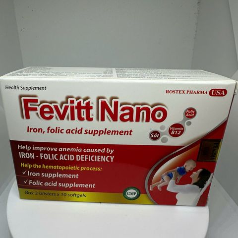 Viên Uống FEVITT NANO Bổ Sung Sắt và Acid Folic - Hỗ Trợ Cải Thiện Thiếu Máu, Hộp 100 Viên Bổ Máu ROSTEX PHARMA