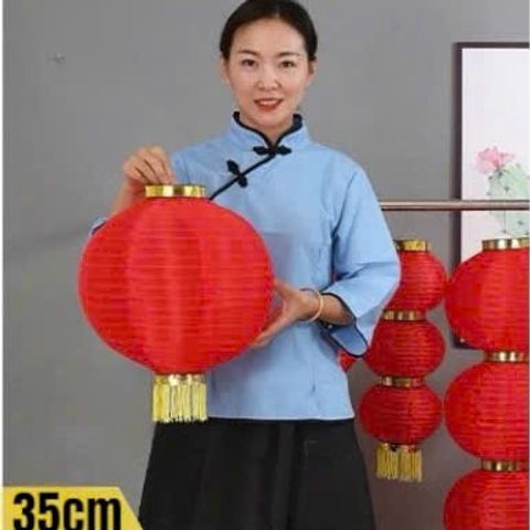 Lồng Đèn Tròn Vải Lụa Sang Trọng Có Tua Rua Đỏ Vàng - Trang Trí Tết Lễ Hội Ngoài Trời, Kích Thước 25-35cm