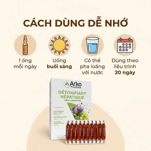 Nước Uống Thải Độc Gan Arkopharma Détoxifiant Hépatique - 20 Ống Hỗ Trợ Tiêu Hóa & Làm Sạch Cơ Thể Từ Thiên Nhiên