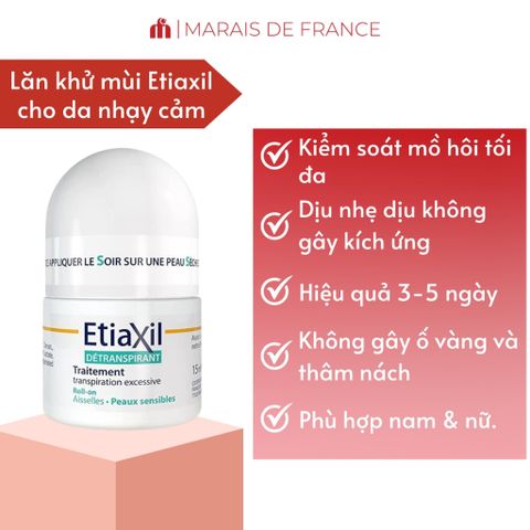 Lăn Khử Mùi Etiaxil Detranspirant Sensitive 15ml - Ngăn Mồ Hôi, Không Gây Kích Ứng, Phù Hợp Da Nhạy Cảm, Hiệu Quả Lâu Dài