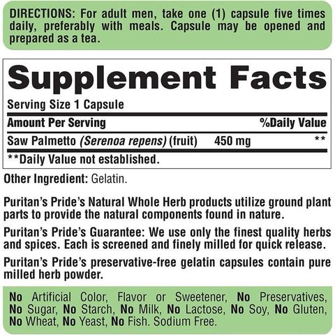 [Date 2028]Hỗ trợ đường tiết niệu và tuyến tiền liệt Saw Palmetto 450 mg Puritan’s Pride 501521