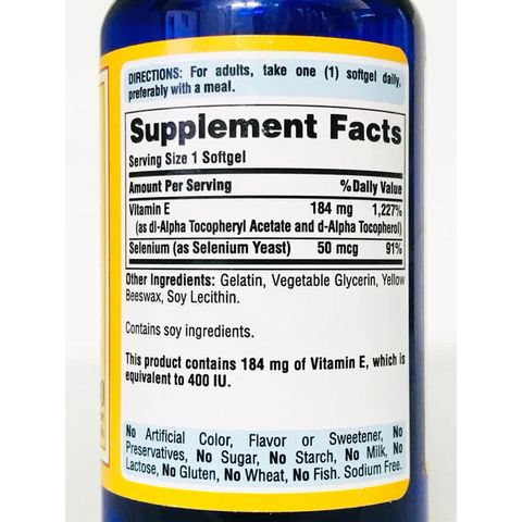 [ Date 2029]Viên uống VITAMIN E 184MG 400 IU WITH SELENIUM 50MCG PURITAN'S PRIDE 100 VIÊN- Shop Songna