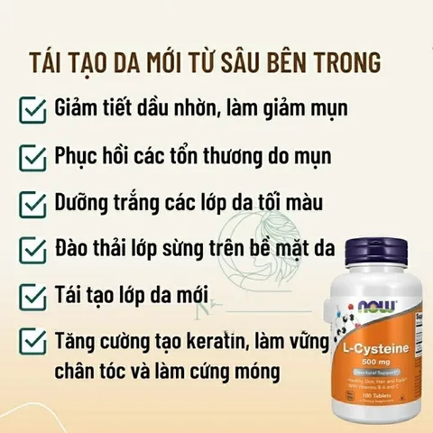 [Date 6/2027] Viên uống giảm mụn, dưỡng da, móng, tóc L-cysteine Now 500mg - Shop Songna