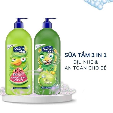 Sữa Tắm Gội Xả Suave Kids 3 in 1 Hương Trái Cây Không Cay Mắt Cho Trẻ 3 Tuổi - Dầu Gội, Sữa Tắm An Toàn Mỹ