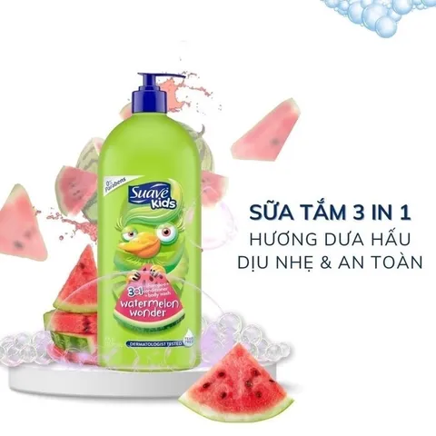 Sữa Tắm Gội Xả Suave Kids 3 in 1 Hương Trái Cây Không Cay Mắt Cho Trẻ 3 Tuổi - Dầu Gội, Sữa Tắm An Toàn Mỹ