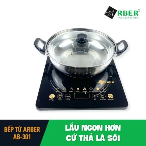Bếp từ đơn Arber AB301A - Bếp điện thông minh 2000W kèm chảo nấu lẩu, thiết kế sang trọng, bảng điều khiển cảm ứng, an toàn sử dụng.