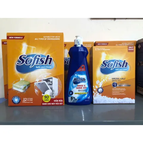 Viên rửa chén SOFISH 90 viên + Muối rửa 1,6Kg + Nước bóng 500ml - Giải pháp làm sạch nhanh chóng cho tất cả máy rửa chén