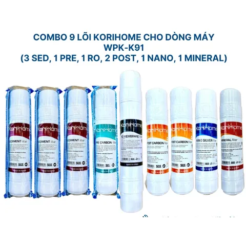 Bộ 9 Lõi Lọc Korihome Chính Hãng - Thay Thế Cho Máy Lọc Nước WPK-K91 - Lõi Sediment, Pre Carbon, RO, Post Carbon, Nano Silver, Mineral