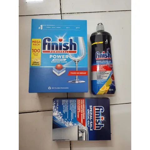 Bộ sản phẩm Finish 3 trong 1: Viên rửa bát 100 viên, Muối rửa 1.2Kg và Nước làm bóng 800ML - Hàng chính hãng từ Châu Âu