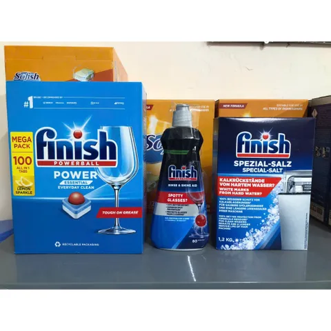 Viên Rửa Chén Finish 100 Viên - Muối Làm Mềm Nước 1,2Kg & Nước Làm Bóng 400ml - Dùng Cho Máy Rửa Chén Châu Âu