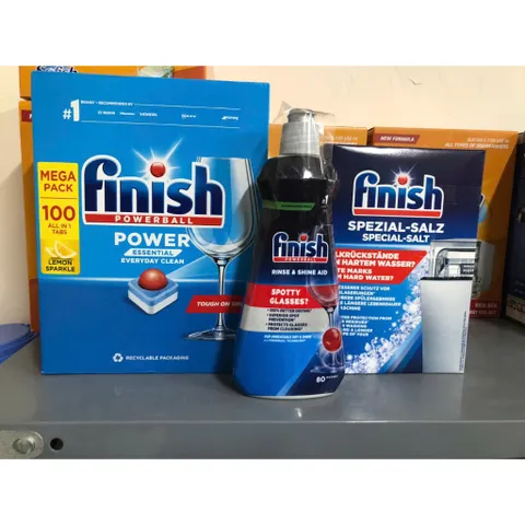 Viên Rửa Chén Finish 100 Viên - Muối Làm Mềm Nước 1,2Kg & Nước Làm Bóng 400ml - Dùng Cho Máy Rửa Chén Châu Âu