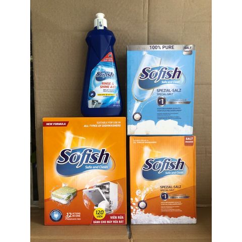 Bộ 3 Sản Phẩm Rửa Bát SOFISH: 120 Viên Viên Rửa Bát, Muối Rửa và Nước Làm Bóng - Hàng Chính Hãng Cho Máy Rửa Bát