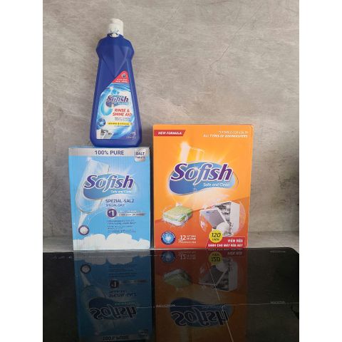 Bộ 3 Sản Phẩm Rửa Bát SOFISH: 120 Viên Viên Rửa Bát, Muối Rửa và Nước Làm Bóng - Hàng Chính Hãng Cho Máy Rửa Bát