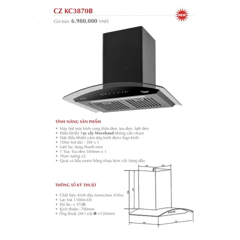 Máy hút mùi kính cong Canzy CZ - KC3870B  |Kích thước 70cm | Điều khiển cảm ứng hoặc cảm biến vẫy tay | Bảo hành 3 năm
