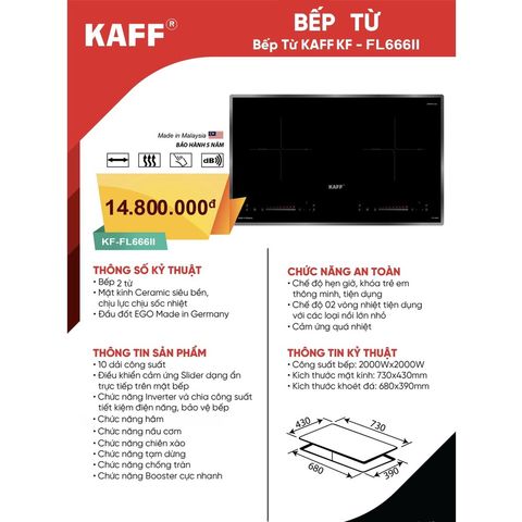 Bếp điện từ đôi Kaff KF-FL666II - Mặt kính Crystal bền bỉ, chức năng Booster tiết kiệm năng lượng và an toàn thông minh