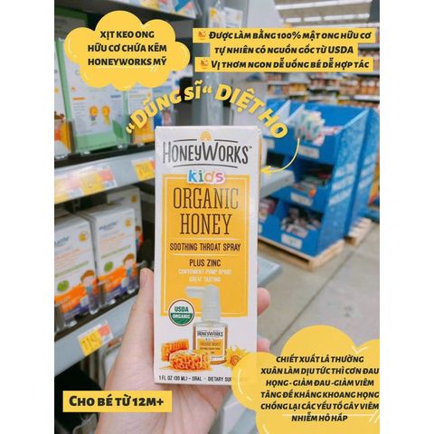 Xịt Họng Keo Ong Organic HoneyWorks Cho Bé Từ 1 Tuổi - Hỗ Trợ Giảm Ho và Kháng Khuẩn 30ml