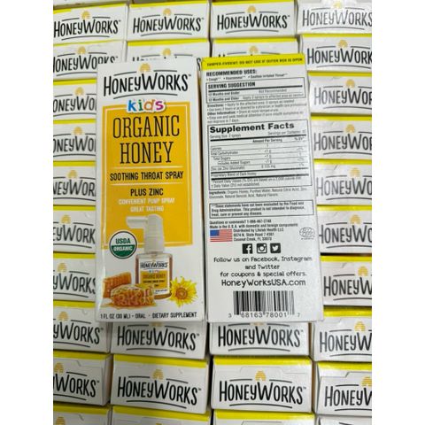 Xịt Họng Keo Ong Organic HoneyWorks Cho Bé Từ 1 Tuổi - Hỗ Trợ Giảm Ho và Kháng Khuẩn 30ml