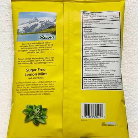Kẹo ngậm ho Ricola không đường Lemon Mint 105 viên - Giúp làm dịu họng tự nhiên, sản phẩm chất lượng từ Mỹ