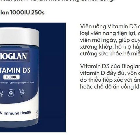 Viên Uống Vitamin D3 Bioglan 1000IU - Hỗ Trợ Sức Khỏe Xương, Tăng Cường Miễn Dịch - 250 Viên Bổ Sung Hàng Ngày