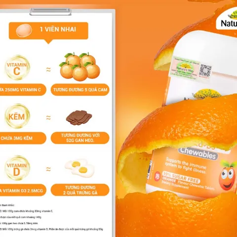 Viên Nhai Bổ Sung Vitamin C + Kẽm + D3 Nature’s Way cho Bé - Hỗ Trợ Miễn Dịch, Vị Cam Ngon, Nhập Khẩu Úc, Dành Cho Trẻ Từ 2 Tuổi