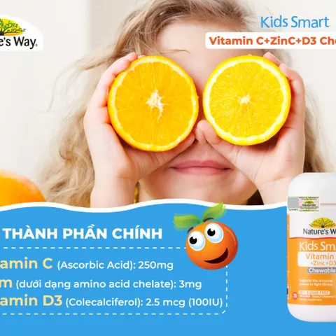Viên Nhai Bổ Sung Vitamin C + Kẽm + D3 Nature’s Way cho Bé - Hỗ Trợ Miễn Dịch, Vị Cam Ngon, Nhập Khẩu Úc, Dành Cho Trẻ Từ 2 Tuổi