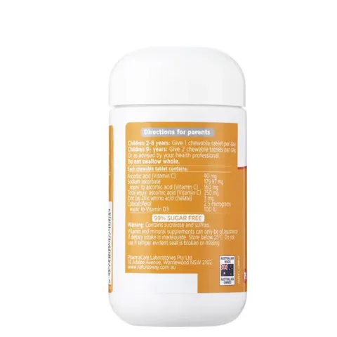 Viên Nhai Bổ Sung Vitamin C + Kẽm + D3 Nature’s Way cho Bé - Hỗ Trợ Miễn Dịch, Vị Cam Ngon, Nhập Khẩu Úc, Dành Cho Trẻ Từ 2 Tuổi