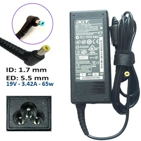 Sạc Laptop Acer 19V 3.42A 65W Chân Vàng 5.5x1.7mm Chính Hãng, Mới 100% - Bộ Sạc và Dây Nguồn Đi Kèm