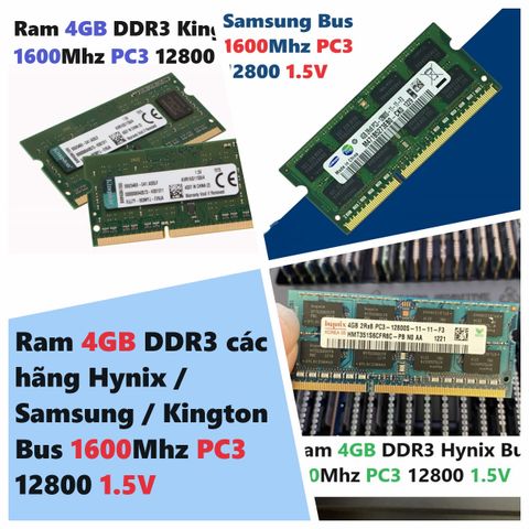 Ram Laptop 4GB DDR3 Hynix/Samsung/Kington 1600MHz PC3-12800 1.5V - Bảo Hành 36 Tháng, Dùng Cho Laptop & Macbook