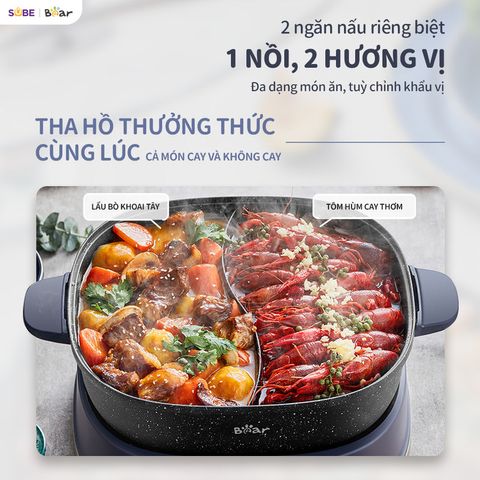 Nồi Lẩu Điện 2 Ngăn Bear SB-NL60U (6L) - Dung Tích 6L cho 4-8 Người, Chống Dính, Nấu Nhanh, Tiện Lợi