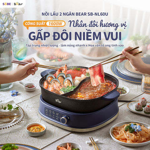 Nồi Lẩu Điện 2 Ngăn Bear SB-NL60U (6L) - Dung Tích 6L cho 4-8 Người, Chống Dính, Nấu Nhanh, Tiện Lợi