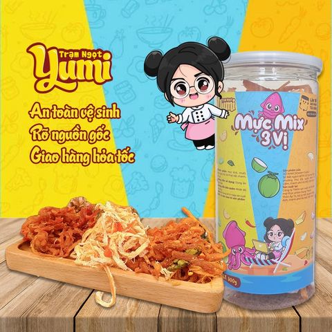Mực xé sợi mix 3 vị hấp dừa - bơ tỏi - sốt chanh Yumi 300g đồ ăn vặt hải sản khô mực thơm ngon 507013