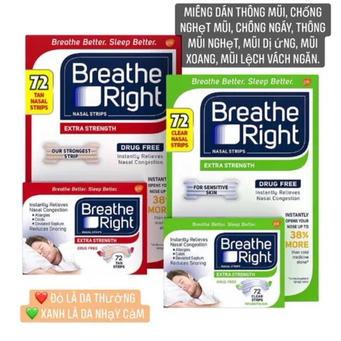 [Mẫu mới Date 2029] Hộp Miếng dán giảm nghẹt mũi, giảm ngáy (gáy) khi ngủ Breathe Right 72 miếng 507148