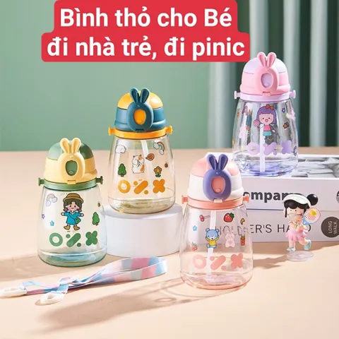 Bình Nước Dễ Thương Hình Thỏ Cho Bé Đi Nhà Trẻ, Đi Học, đi Chơi, Ống Hút Silicon Mềm, Có Dây Đeo Tiện Dụng