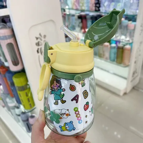 Bình Nước Dễ Thương Hình Thỏ Cho Bé Đi Nhà Trẻ, Đi Học, đi Chơi, Ống Hút Silicon Mềm, Có Dây Đeo Tiện Dụng