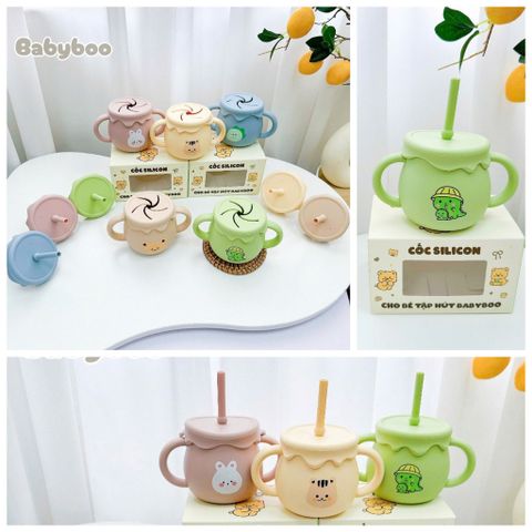 Cốc Tập Hút Silicon BabyBoo Hình Gấu Dễ Thương Cho Bé - Cốc Chống Tràn Kèm Nắp Ăn Bánh, An Toàn Khi Sử Dụng