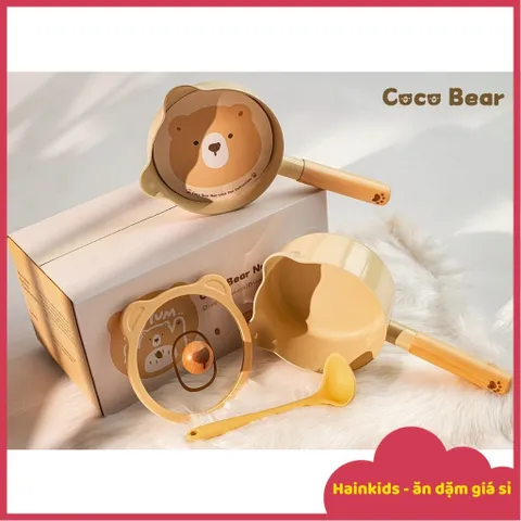 Bộ Nồi Gấu Cocobear Size 16cm, Bộ Chảo Gấu Ceramic Coco Bear Chế Biền Đồ Ăn Dặm, Chống Dính, Tay Cầm Bằng Gỗ, Quánh Bột