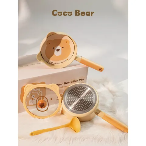 Bộ Nồi Gấu Cocobear Size 16cm, Bộ Chảo Gấu Ceramic Coco Bear Chế Biền Đồ Ăn Dặm, Chống Dính, Tay Cầm Bằng Gỗ, Quánh Bột