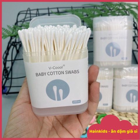 Tăm Bông Đầu Nhỏ Vcoool 200c - Tăm Bông Sơ Sinh Thân Giấy An Toàn Cho Bé, Không Gây Đau, Tiện Lợi Vệ Sinh Tai Mũi