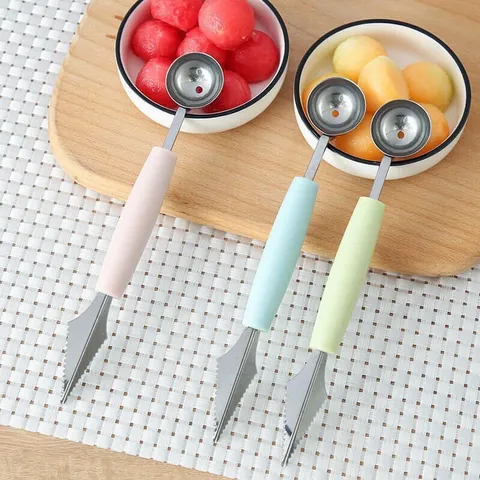 Muỗng Thìa Inox 2 Đầu Khắc Tỉa Nạo Tạo Hình Hoa Quả Múc Dưa Hấu Trái Cây