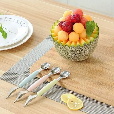 Muỗng Thìa Inox 2 Đầu Khắc Tỉa Nạo Tạo Hình Hoa Quả Múc Dưa Hấu Trái Cây