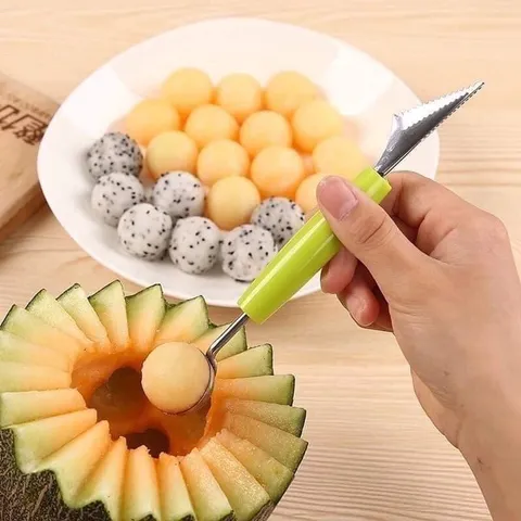 Muỗng Thìa Inox 2 Đầu Khắc Tỉa Nạo Tạo Hình Hoa Quả Múc Dưa Hấu Trái Cây