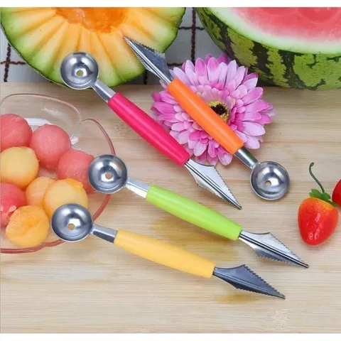 Muỗng Thìa Inox 2 Đầu Khắc Tỉa Nạo Tạo Hình Hoa Quả Múc Dưa Hấu Trái Cây