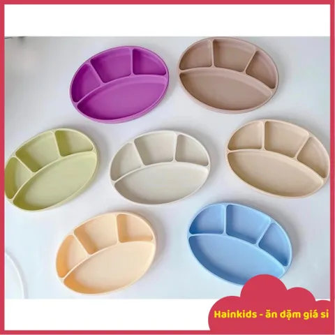 Khay Ăn Dặm Silicon Cao Cấp Oval 4 Ngăn Màu Pastel Có đế Hít Chống Đổ, Chống Lật - Không Chứa BPA