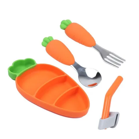[KÈM QUÀ TẶNG] Set Khay, Bộ Thìa Nĩa Hình Cà Rốt, Chất Liệu Silicon Dùng Cho Bé Giai đoạn Tập ăn Dặm, Tập Xúc