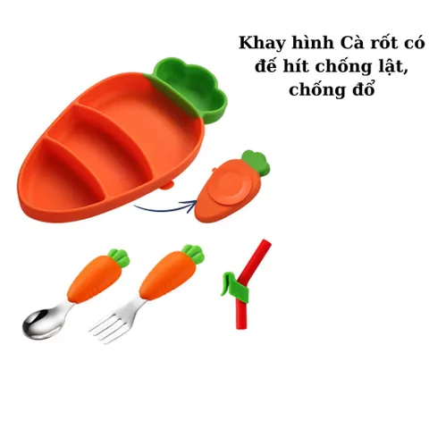 [KÈM QUÀ TẶNG] Set Khay, Bộ Thìa Nĩa Hình Cà Rốt, Chất Liệu Silicon Dùng Cho Bé Giai đoạn Tập ăn Dặm, Tập Xúc