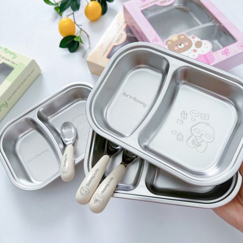 Set Khay INOX Bear Mommy Cao Cấp Có Kèm Thìa Ăn Dặm Cho Bé, Dụng Cụ Ăn Dặm, Khay Ăn Dặm Inox Dễ Vệ Sinh Chống Vỡ