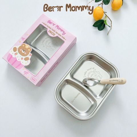 Set Khay INOX Bear Mommy Cao Cấp Có Kèm Thìa Ăn Dặm Cho Bé, Dụng Cụ Ăn Dặm, Khay Ăn Dặm Inox Dễ Vệ Sinh Chống Vỡ